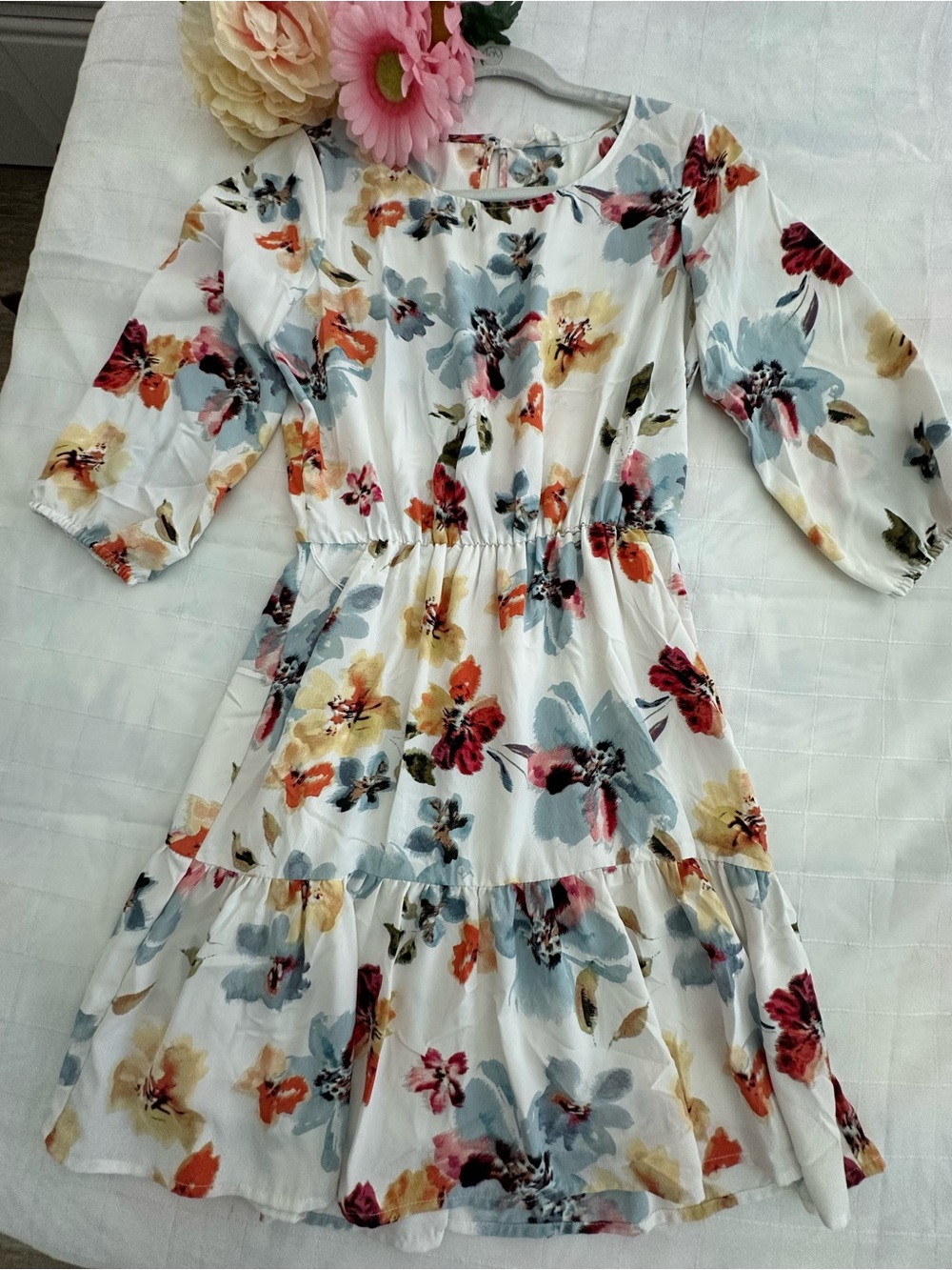June & Delancy White Floral Tiered Dress with Multicolor Blooms